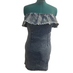 SHEIN Denim Strapless Ruffled Bodycon Mini Dress - Size L - Like New